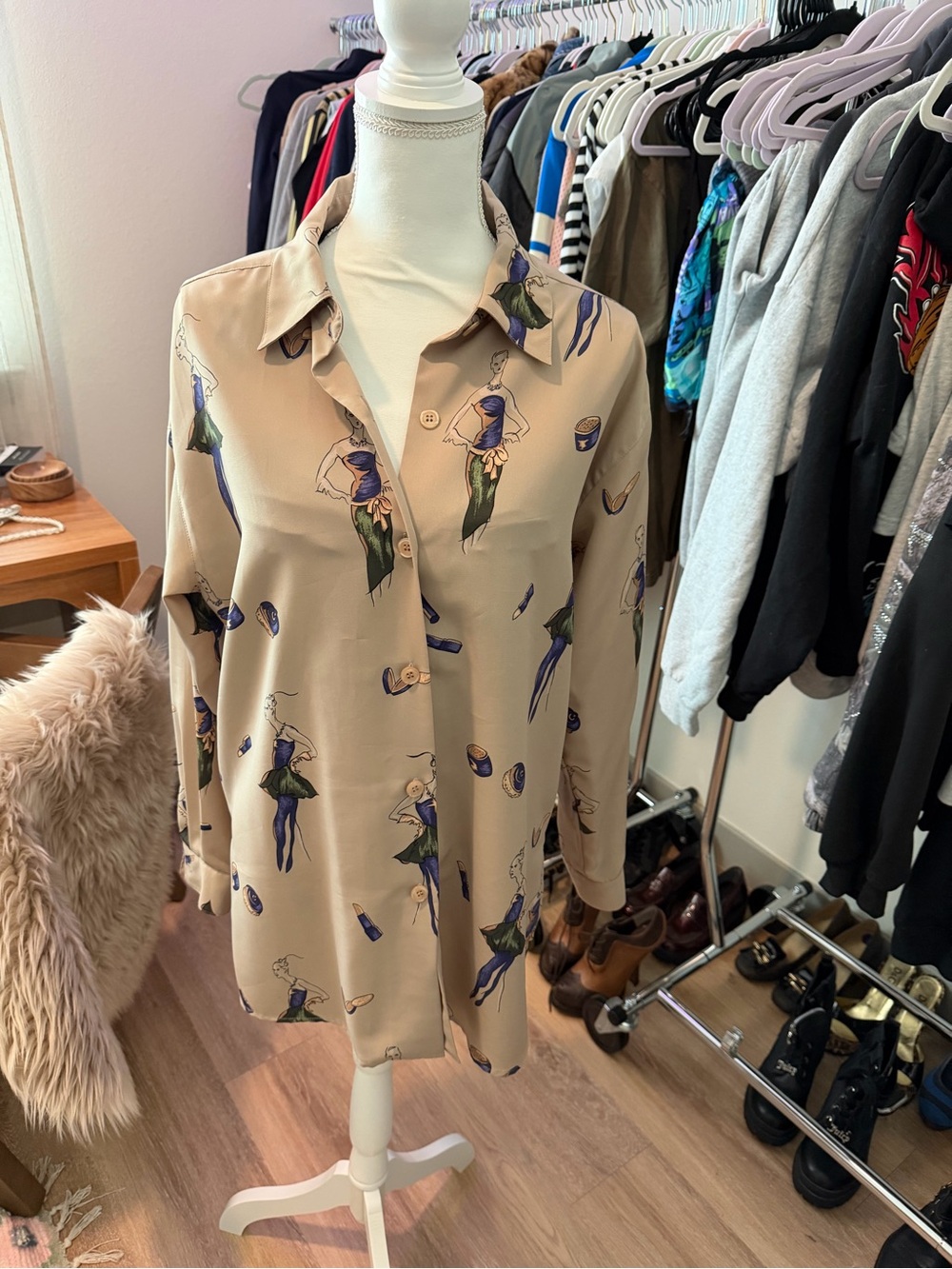 Norton McNaughton Beige Blouse with Blue and Green Print